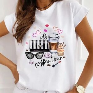 Coffee Time Tee Shirt Summer Bohemian Graphic Top Preppy Coffee Sunglasses